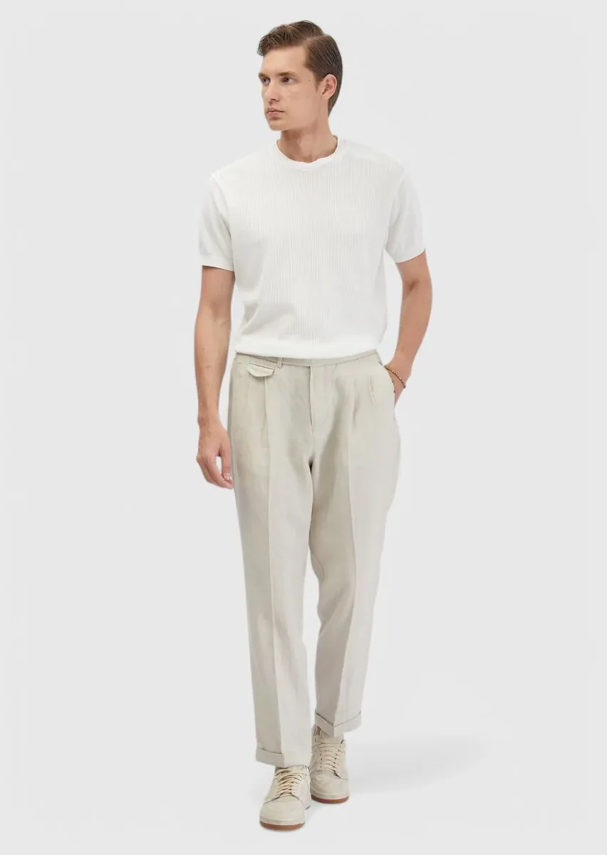 Sandy Weaving Carrot Fit Casual 100% Linen Trousers - 3