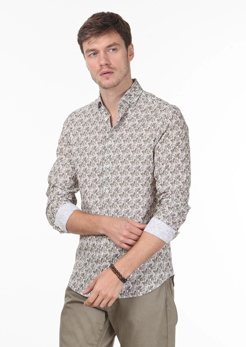 Sarı Baskılı Regular Fit Dokuma Casual %100 Pamuk Gömlek - 1