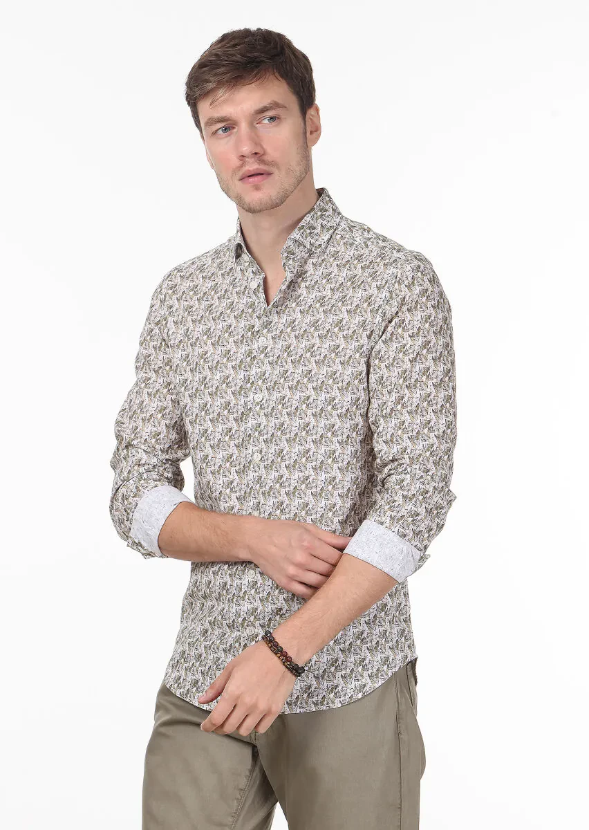 Sarı Baskılı Regular Fit Dokuma Casual %100 Pamuk Gömlek - 1