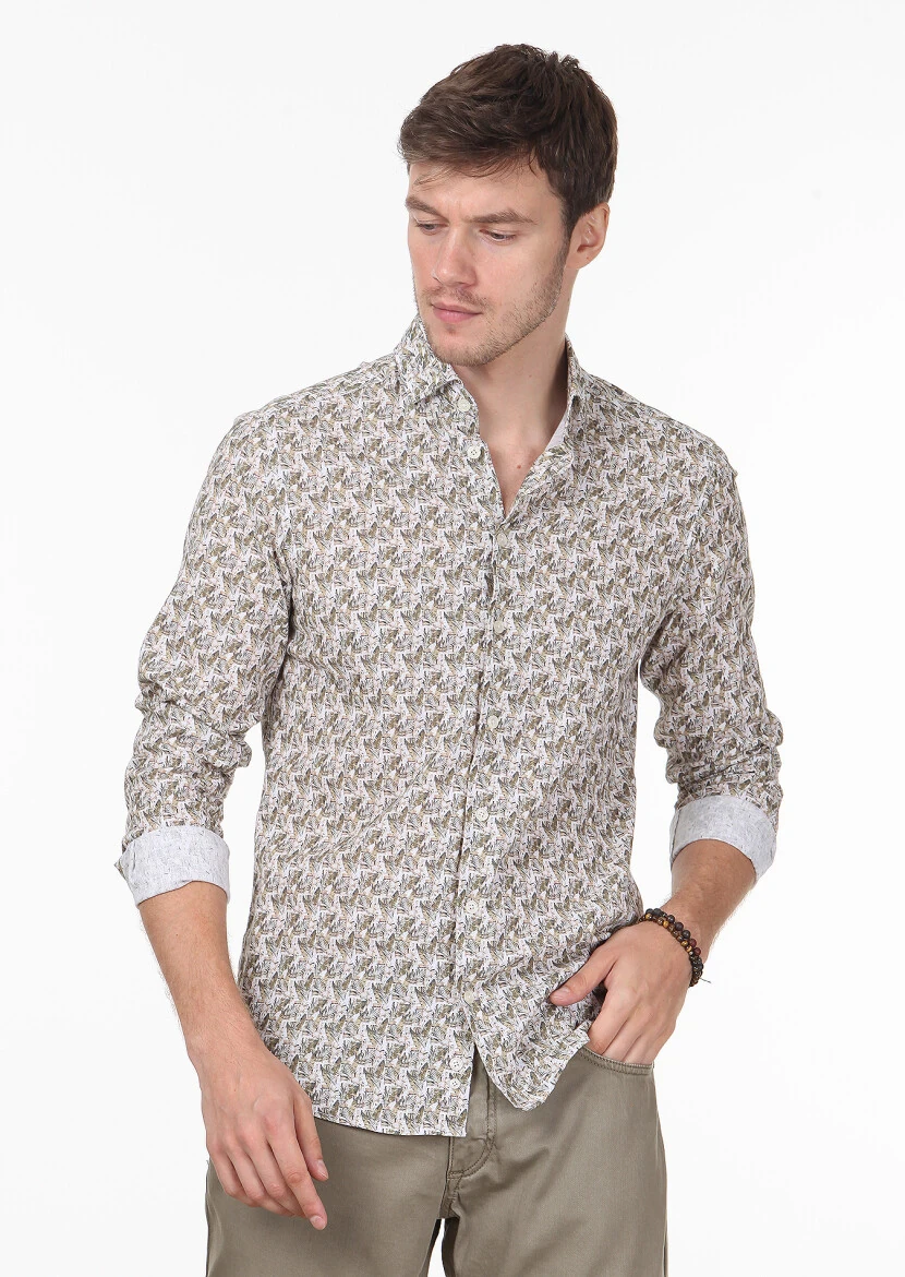 Sarı Baskılı Regular Fit Dokuma Casual %100 Pamuk Gömlek - 2