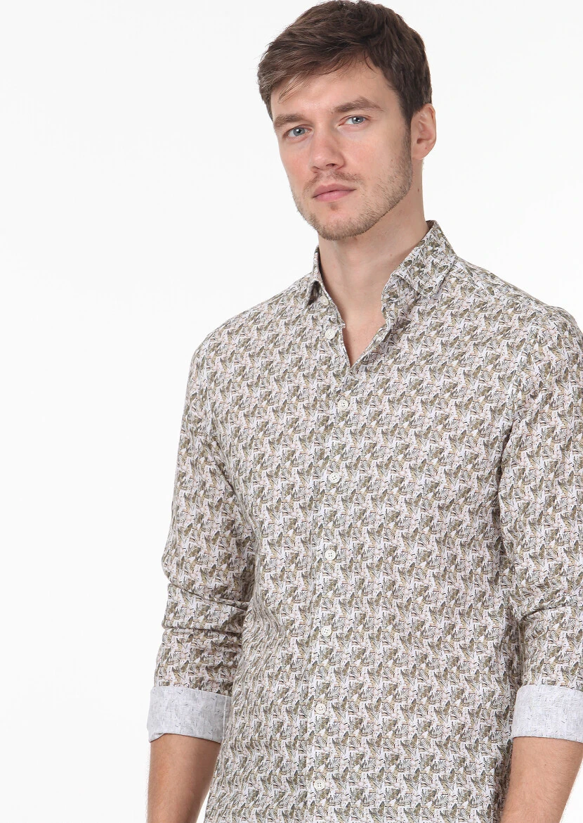 Sarı Baskılı Regular Fit Dokuma Casual %100 Pamuk Gömlek - 3