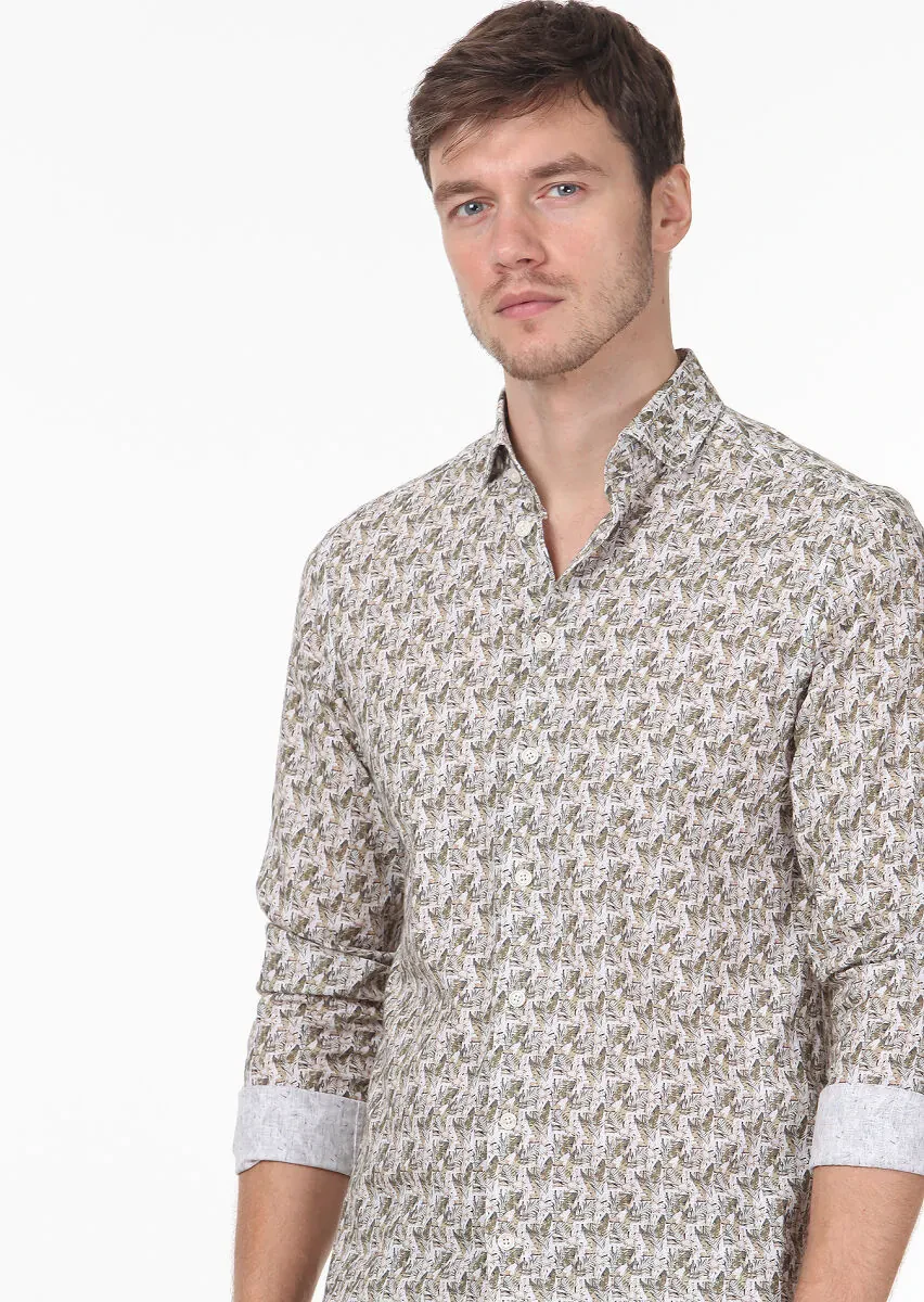 Sarı Baskılı Regular Fit Dokuma Casual %100 Pamuk Gömlek - 3