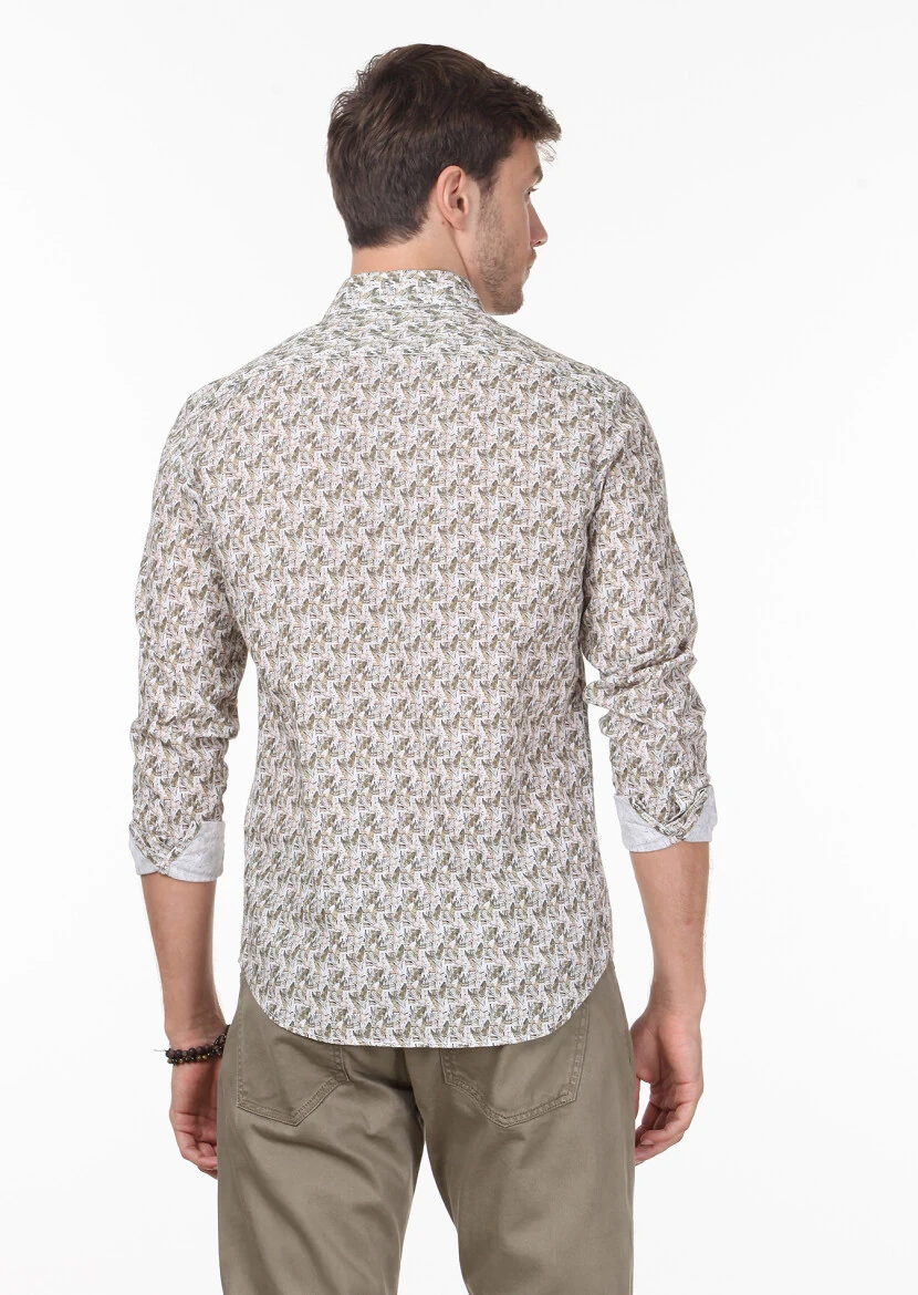 Sarı Baskılı Regular Fit Dokuma Casual %100 Pamuk Gömlek - 4