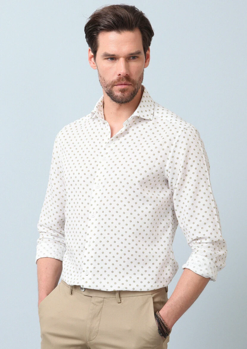 Sarı Baskılı Regular Fit Dokuma Casual Pamuk Karışımlı Gömlek - 1