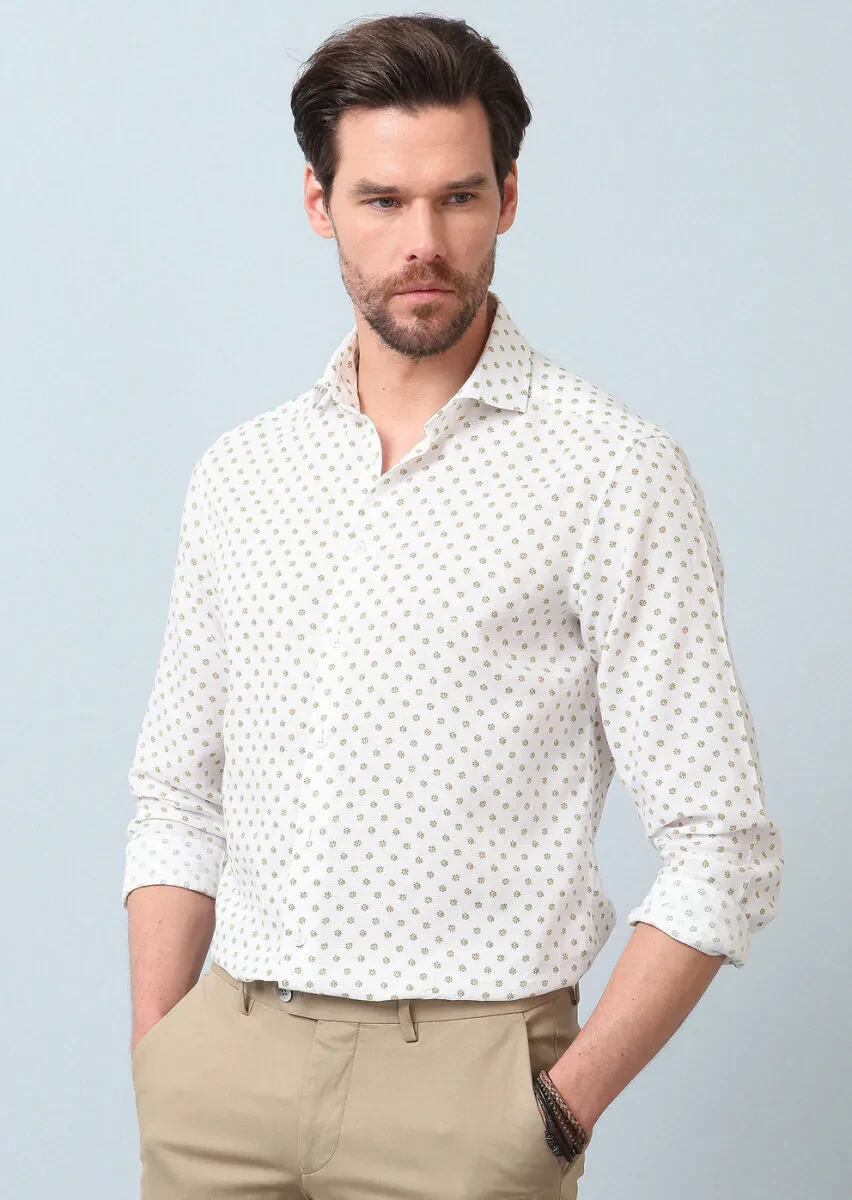 Sarı Baskılı Regular Fit Dokuma Casual Pamuk Karışımlı Gömlek - 1