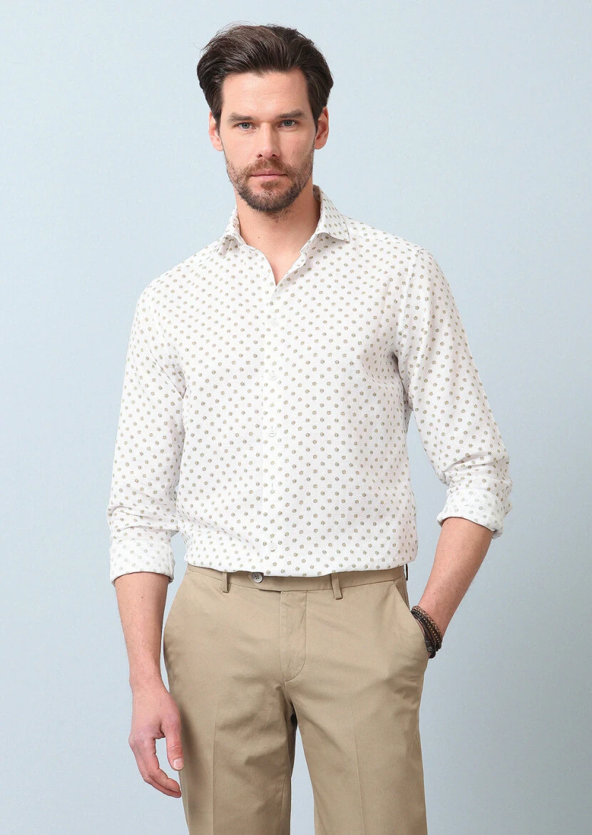 Sarı Baskılı Regular Fit Dokuma Casual Pamuk Karışımlı Gömlek - 3