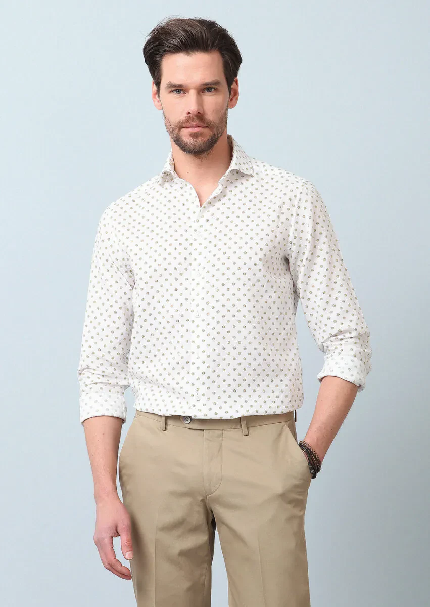 Sarı Baskılı Regular Fit Dokuma Casual Pamuk Karışımlı Gömlek - 3