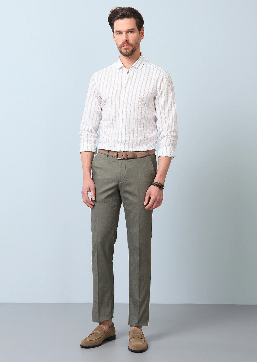 Sarı Baskılı Slim Fit Dokuma Casual %100 Pamuk Gömlek - 3