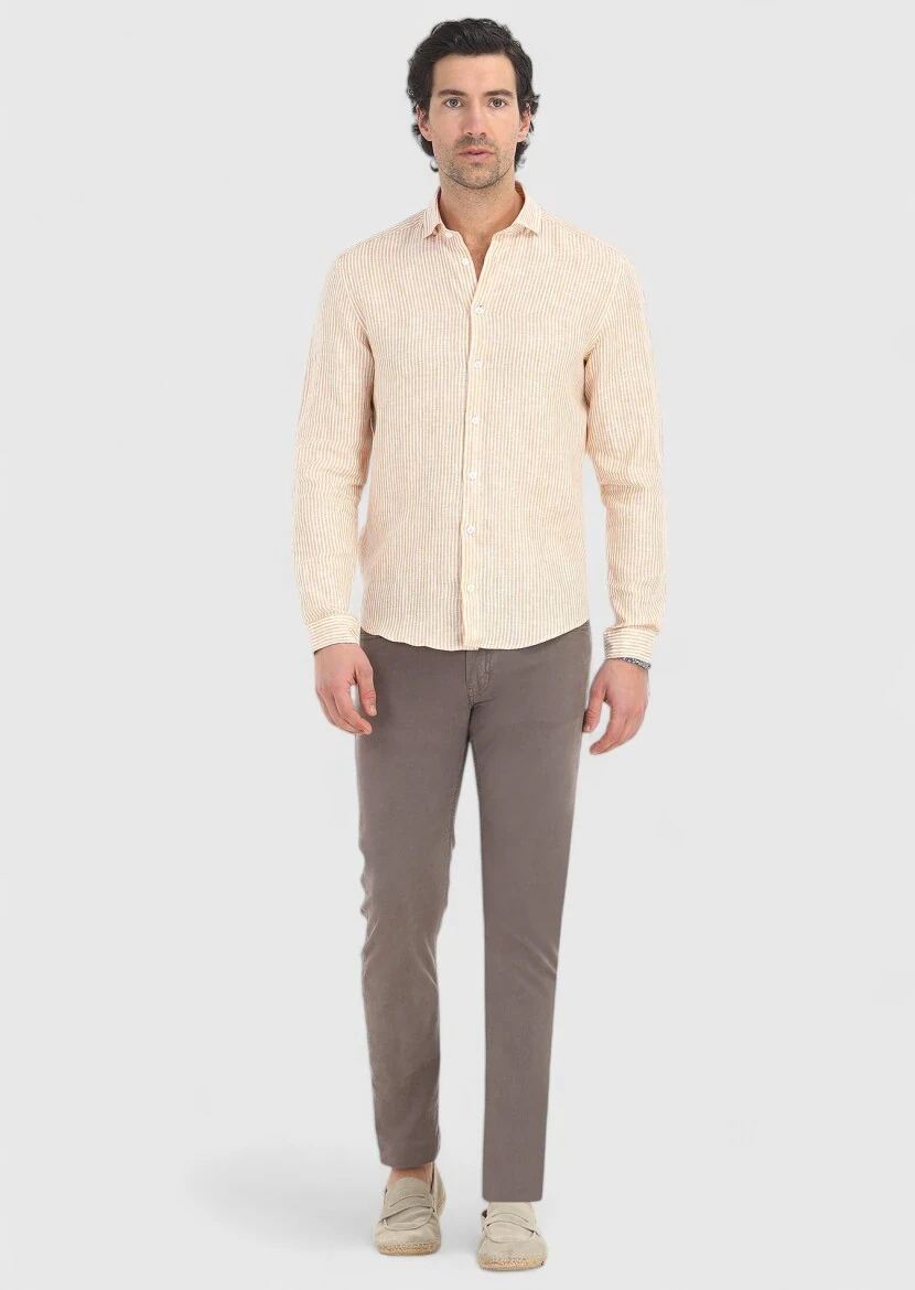 Sarı Çizgili Regular Fit Dokuma Casual %100 Keten Gömlek - 1