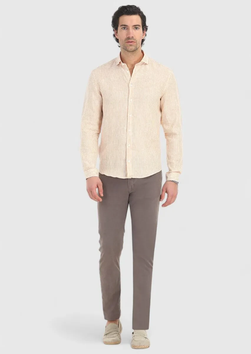 Sarı Çizgili Regular Fit Dokuma Casual %100 Keten Gömlek - 1
