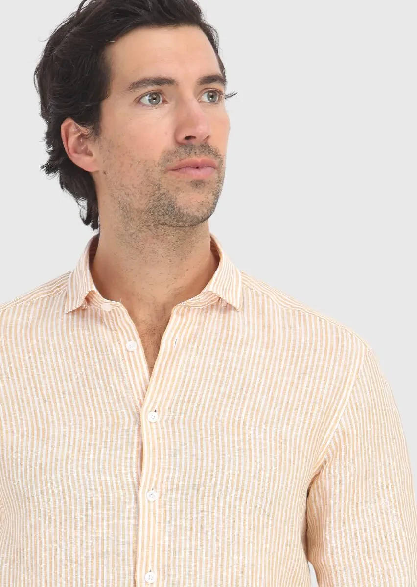 Sarı Çizgili Regular Fit Dokuma Casual %100 Keten Gömlek - 3