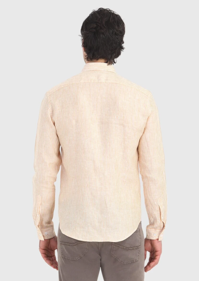 Sarı Çizgili Regular Fit Dokuma Casual %100 Keten Gömlek - 4