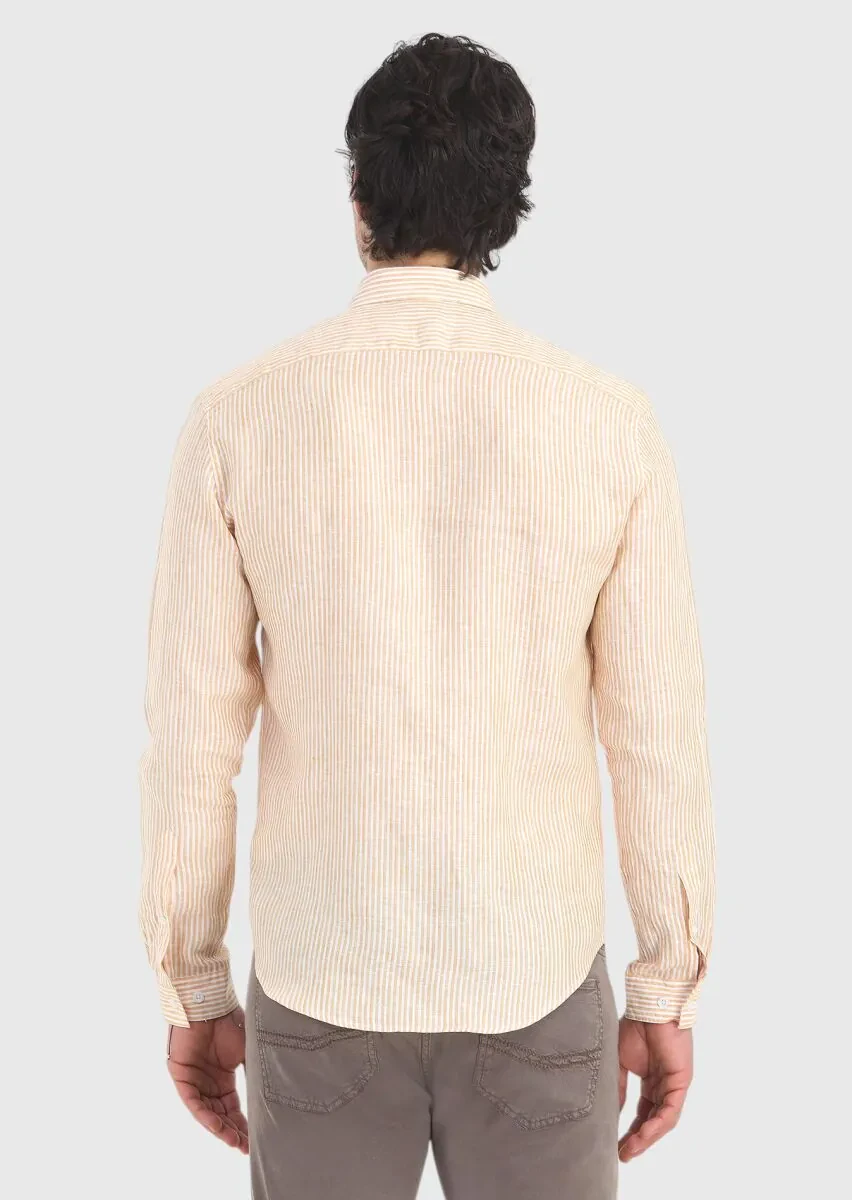 Sarı Çizgili Regular Fit Dokuma Casual %100 Keten Gömlek - 4