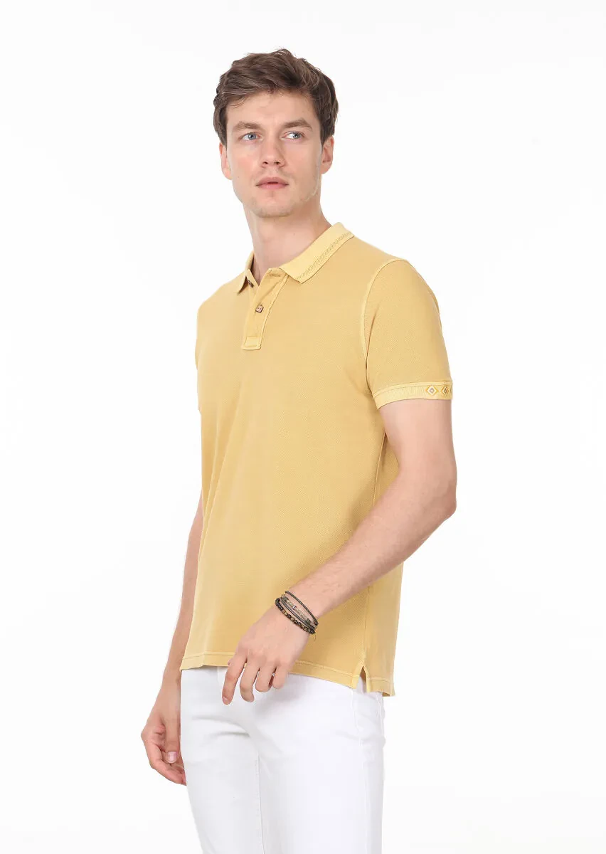 Sarı Düz Polo Yaka %100 Pamuk T-Shirt - 1