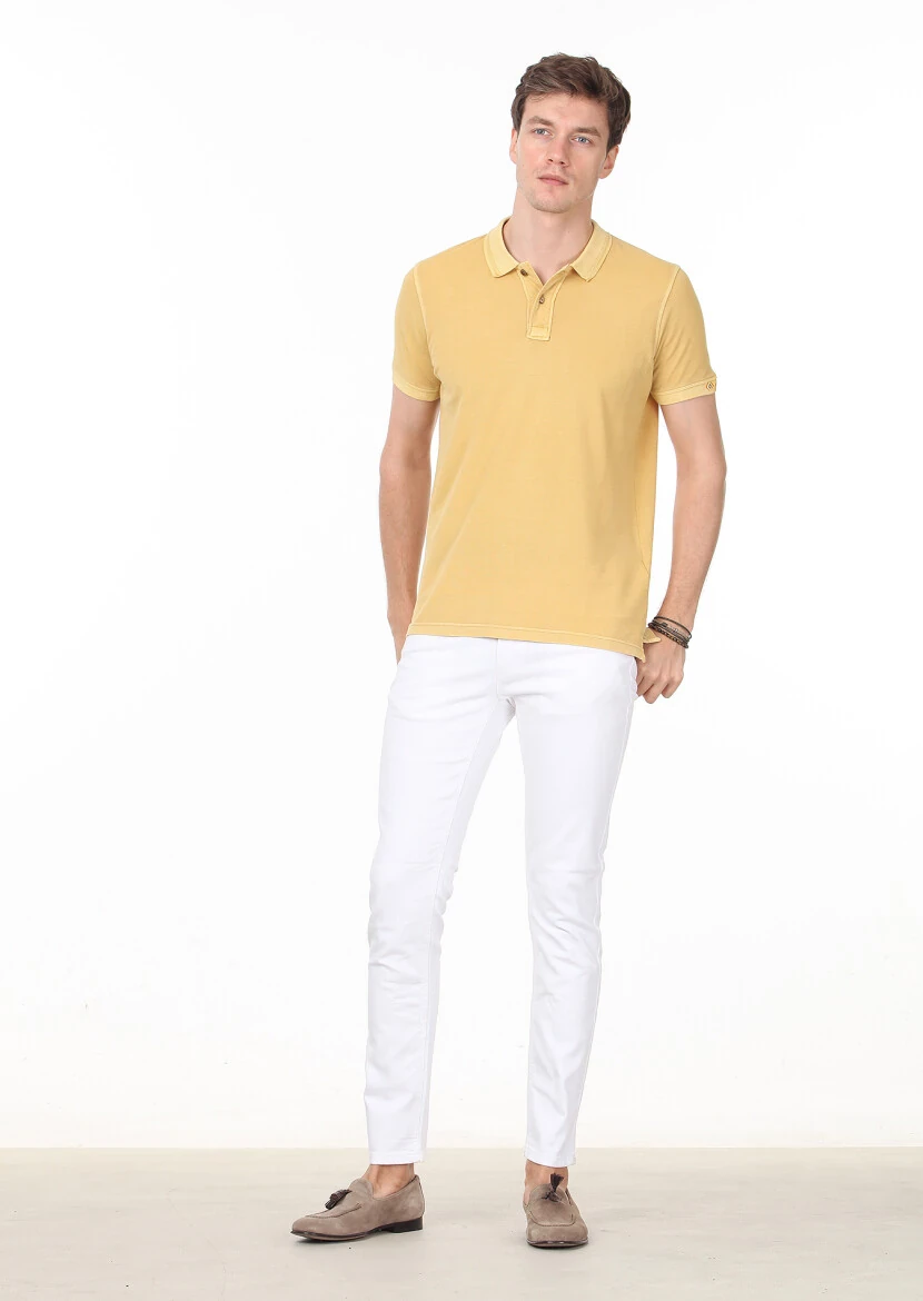 Sarı Düz Polo Yaka %100 Pamuk T-Shirt 