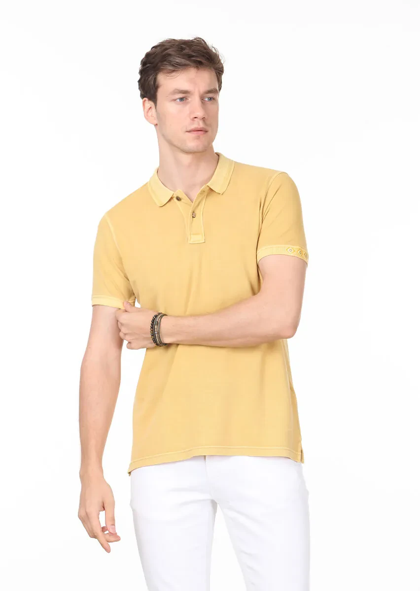 Sarı Düz Polo Yaka %100 Pamuk T-Shirt - 3