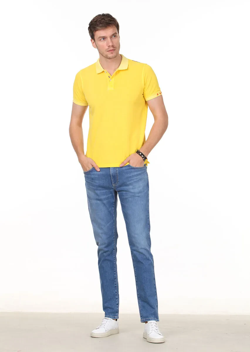 Sarı Düz Polo Yaka %100 Pamuk T-Shirt - 3