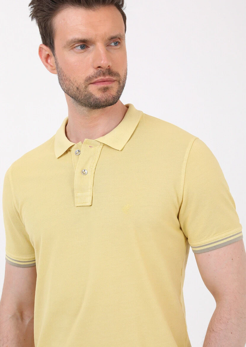 Sarı Düz Polo Yaka %100 Pamuk T-Shirt - 1