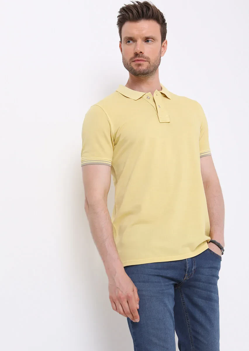 Sarı Düz Polo Yaka %100 Pamuk T-Shirt - 2