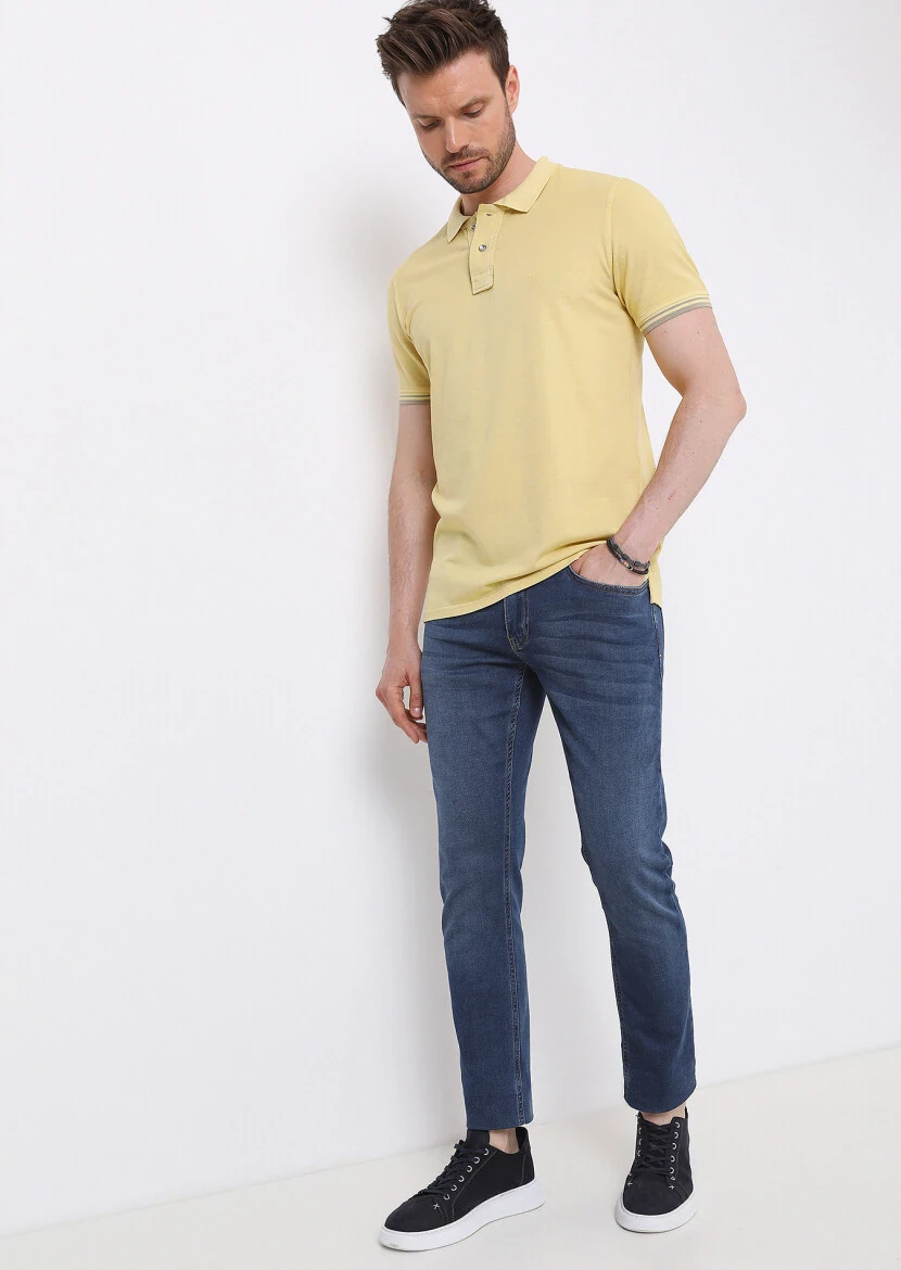 Sarı Düz Polo Yaka %100 Pamuk T-Shirt - 4