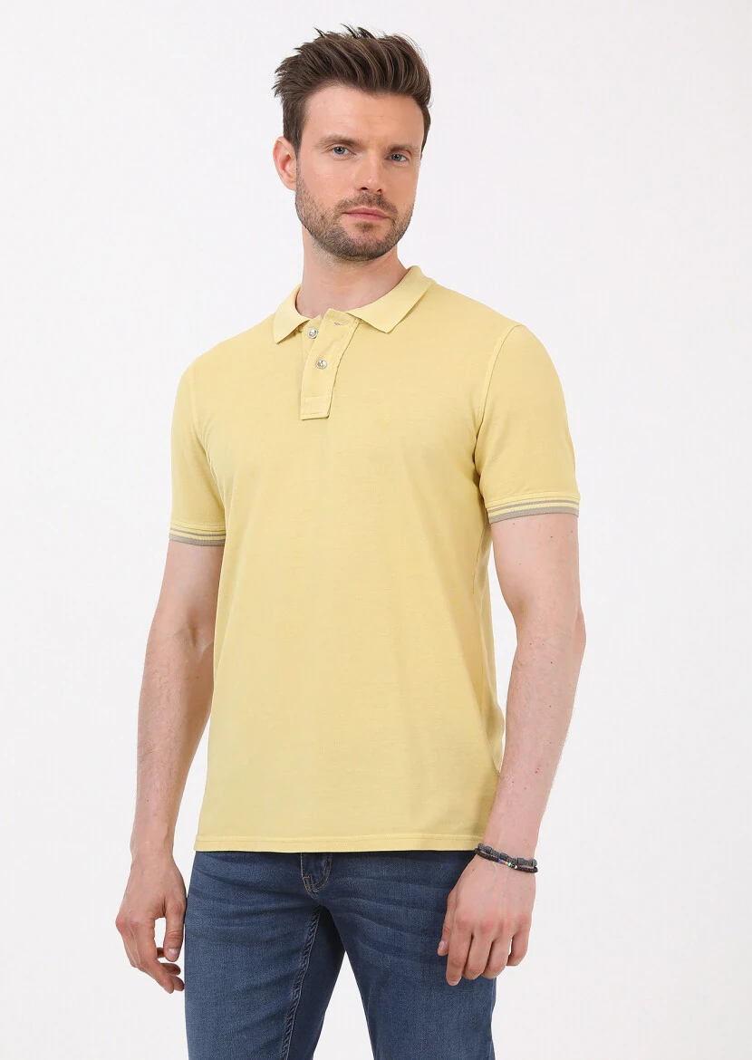 Sarı Düz Polo Yaka %100 Pamuk T-Shirt - 7