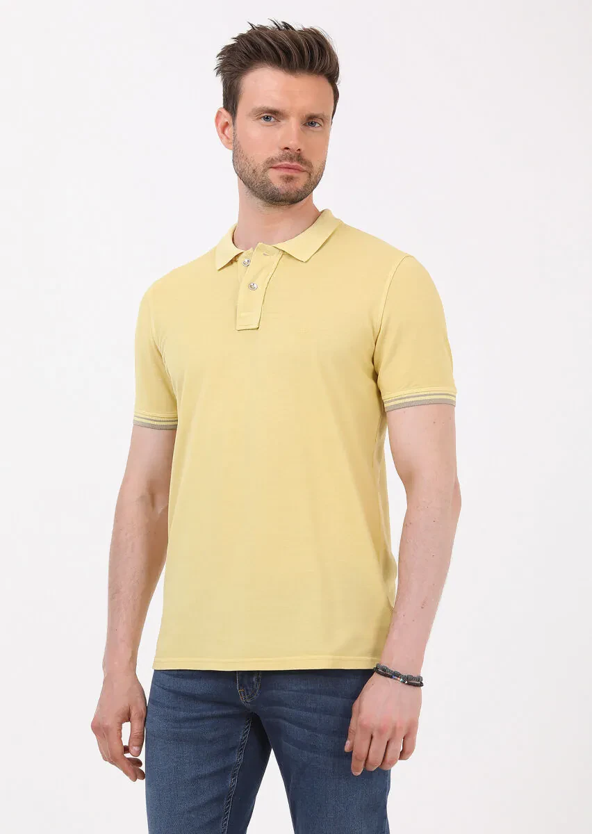Sarı Düz Polo Yaka %100 Pamuk T-Shirt - 7