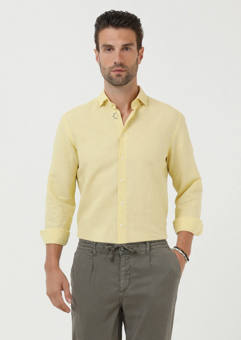 Sarı Düz Regular Fit Dokuma Casual Pamuk Karışımlı Gömlek - 1
