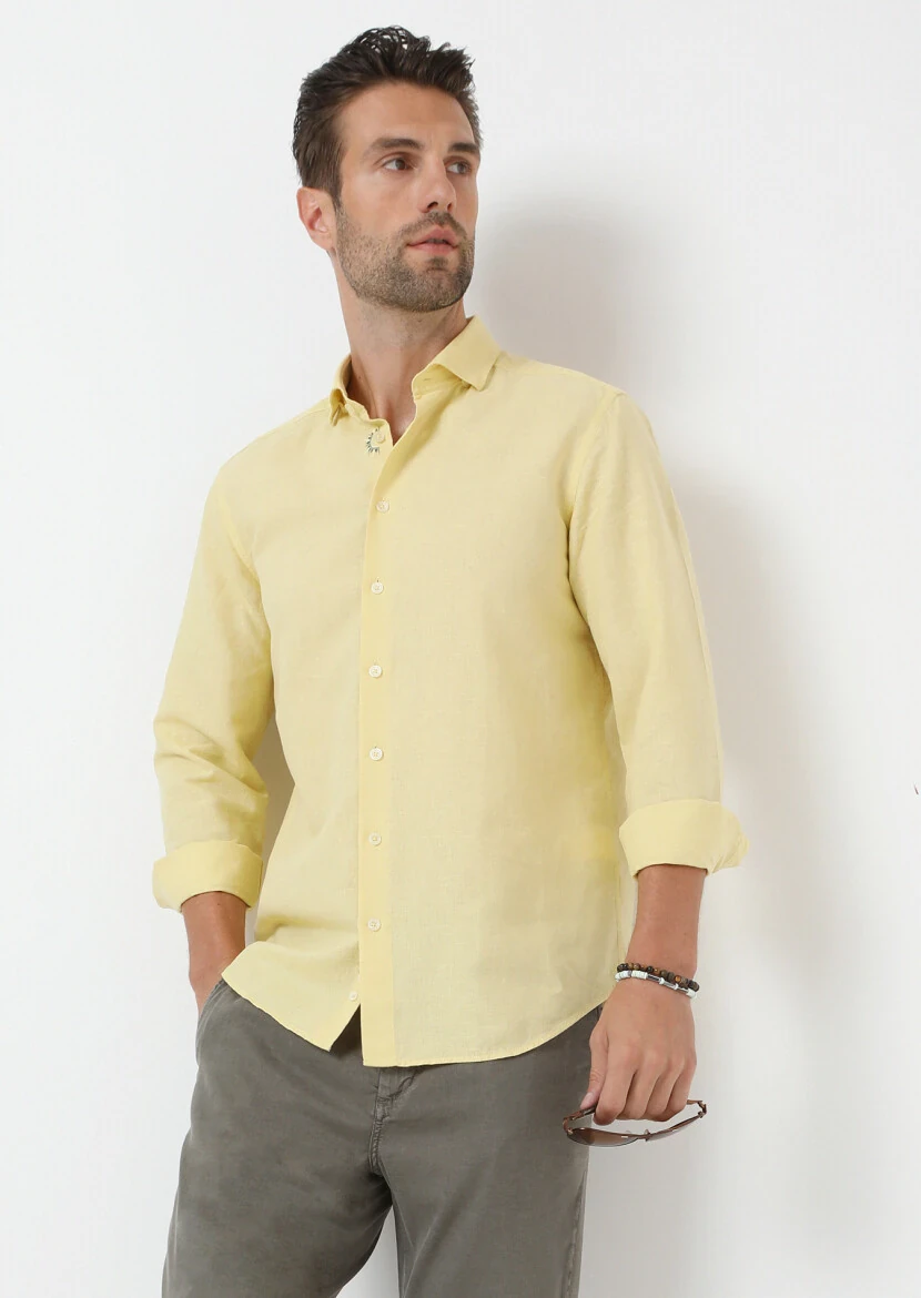 Sarı Düz Regular Fit Dokuma Casual Pamuk Karışımlı Gömlek 