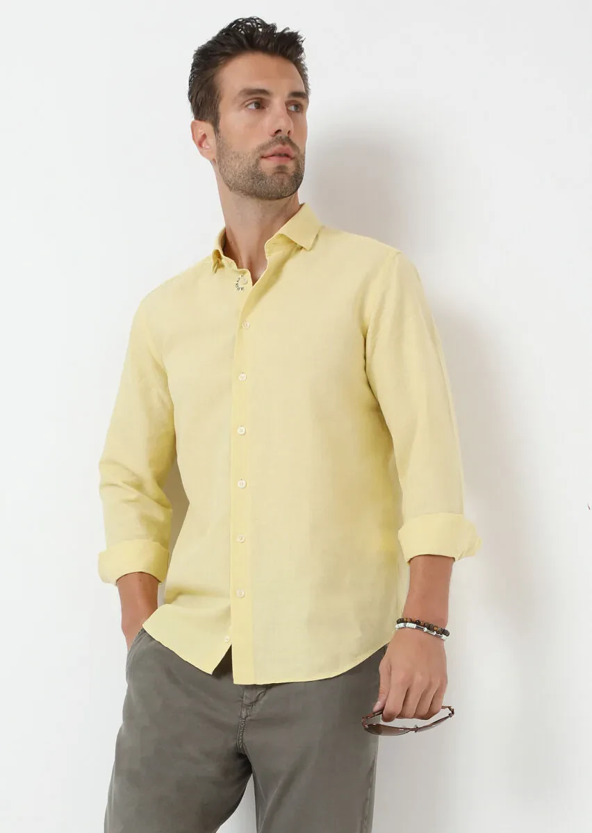 Sarı Düz Regular Fit Dokuma Casual Pamuk Karışımlı Gömlek - 2