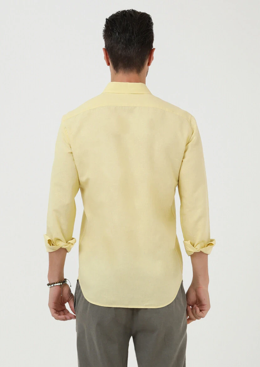 Sarı Düz Regular Fit Dokuma Casual Pamuk Karışımlı Gömlek - 4