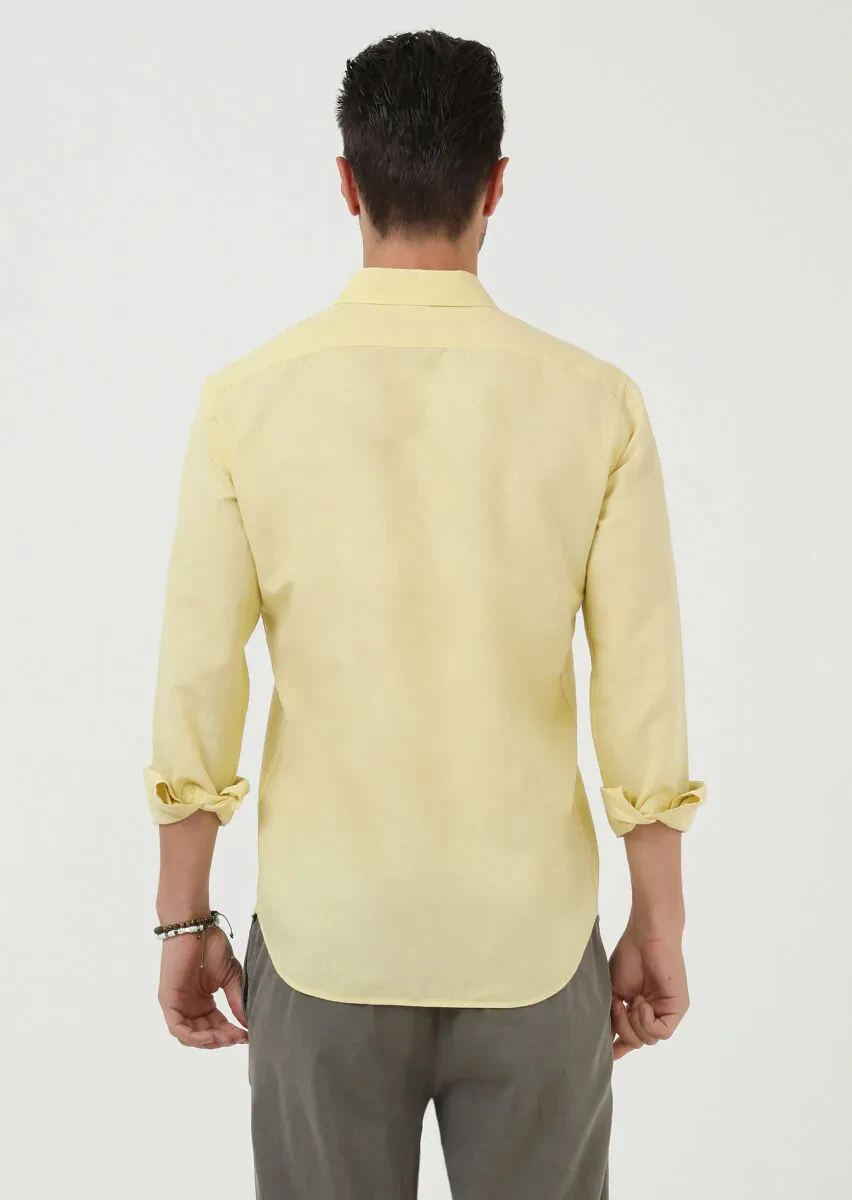 Sarı Düz Regular Fit Dokuma Casual Pamuk Karışımlı Gömlek - 4