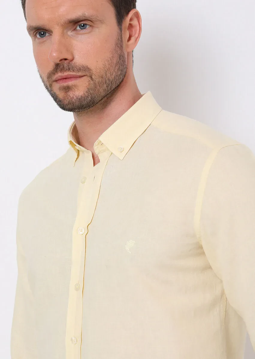 Sarı Düz Regular Fit Dokuma Casual Pamuk Karışımlı Gömlek - 1