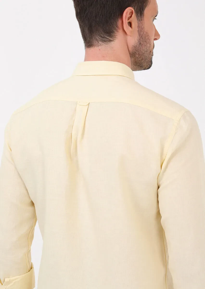 Sarı Düz Regular Fit Dokuma Casual Pamuk Karışımlı Gömlek - 5