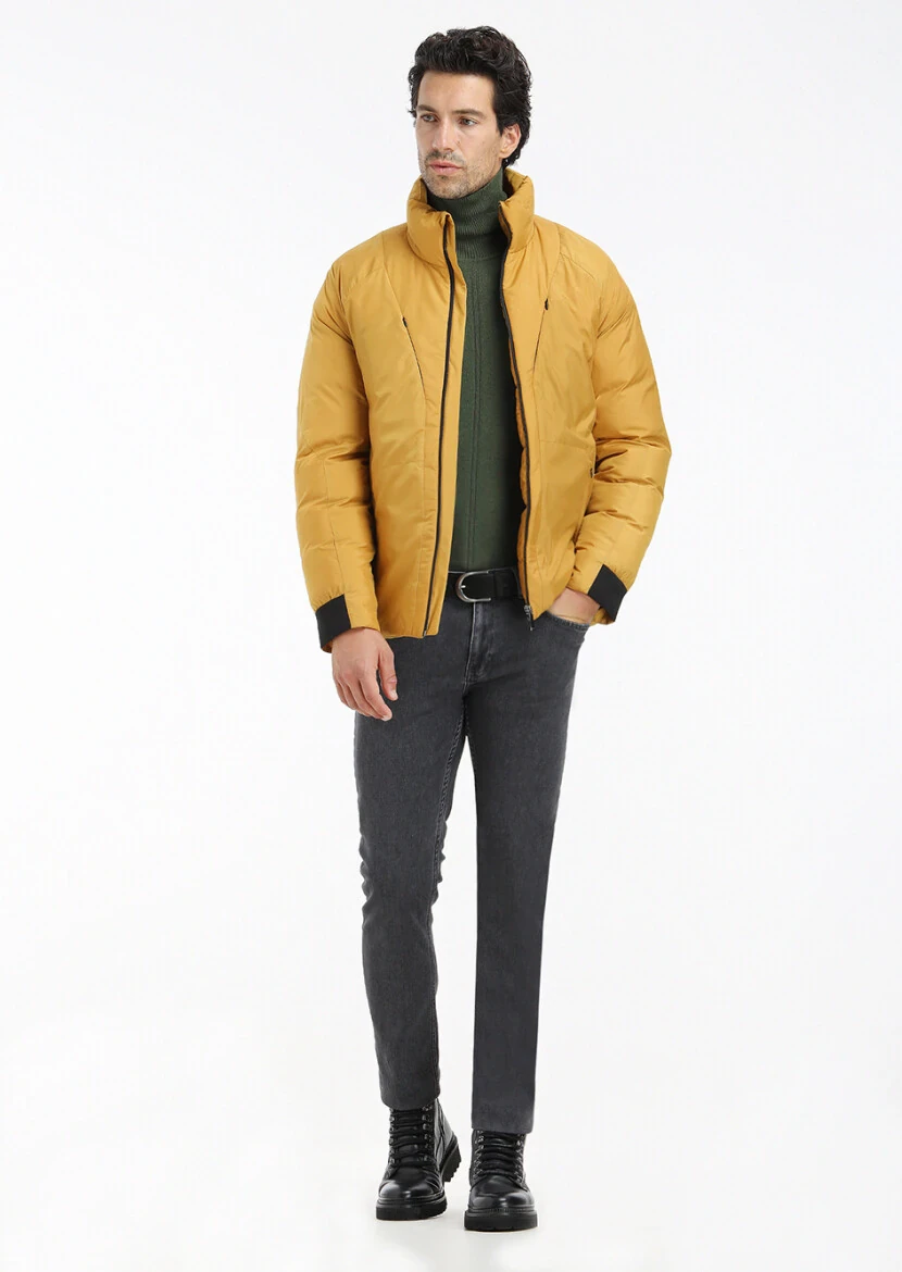 Sarı Regular Fit Dik Yaka Casual Dokuma Mont - 1