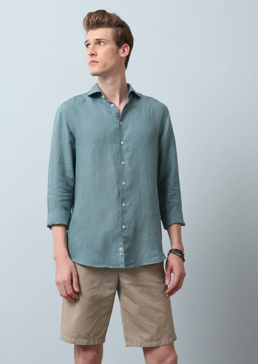 See Green Plain Regular Fit Weaving Casual 100% Linen Shirt - 1