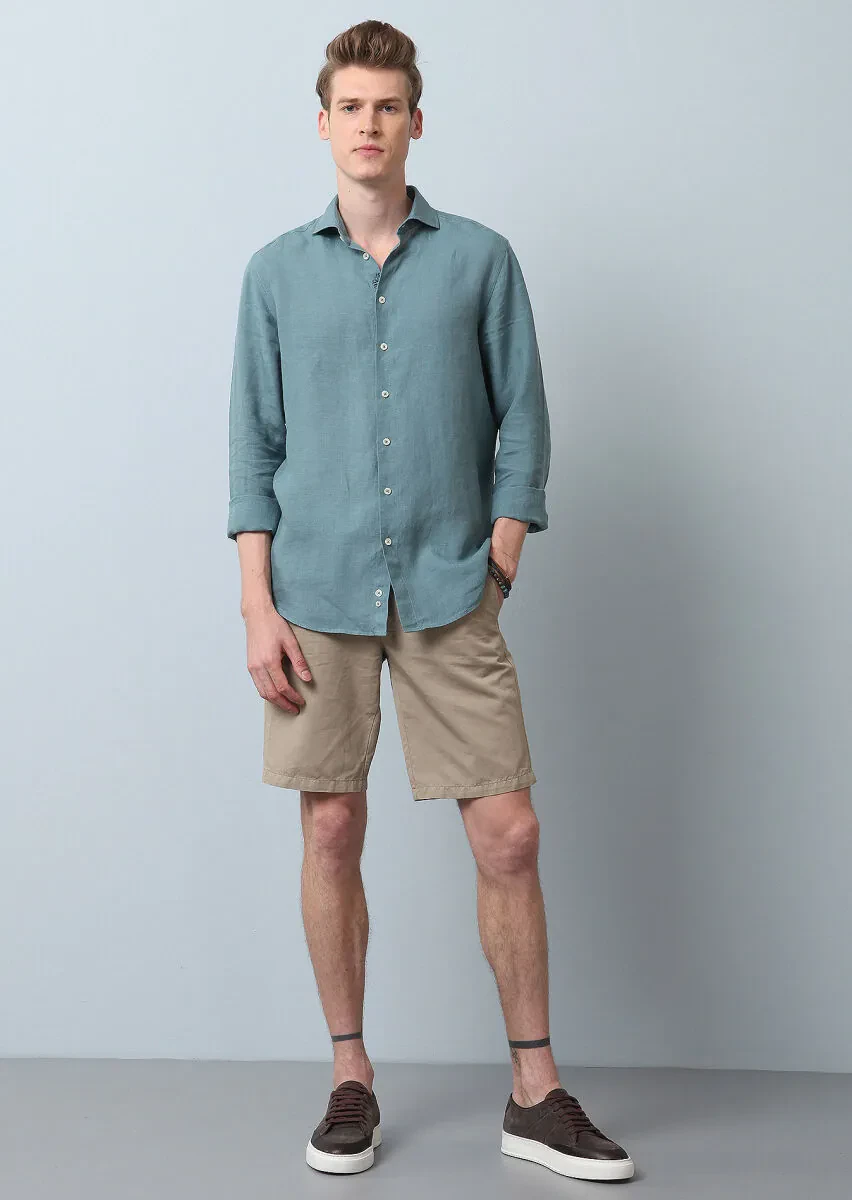 See Green Plain Regular Fit Weaving Casual 100% Linen Shirt - 2