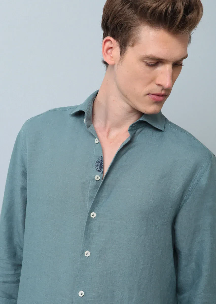 See Green Plain Regular Fit Weaving Casual 100% Linen Shirt - 4