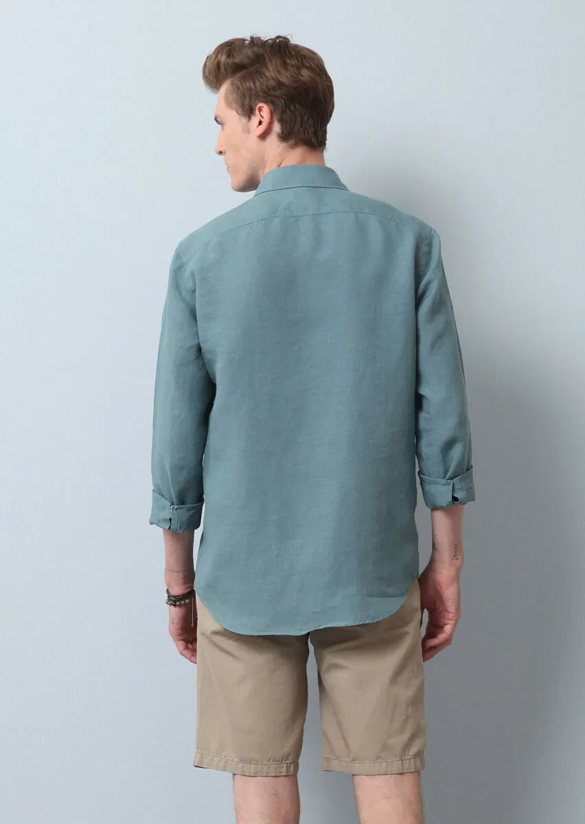 See Green Plain Regular Fit Weaving Casual 100% Linen Shirt - 5