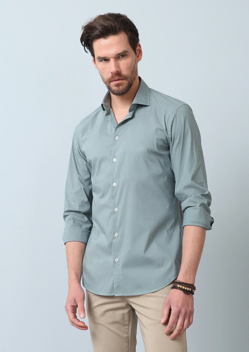 See Green Plain Regular Fit Weaving Casual Cotton Blended Shirt - 1
