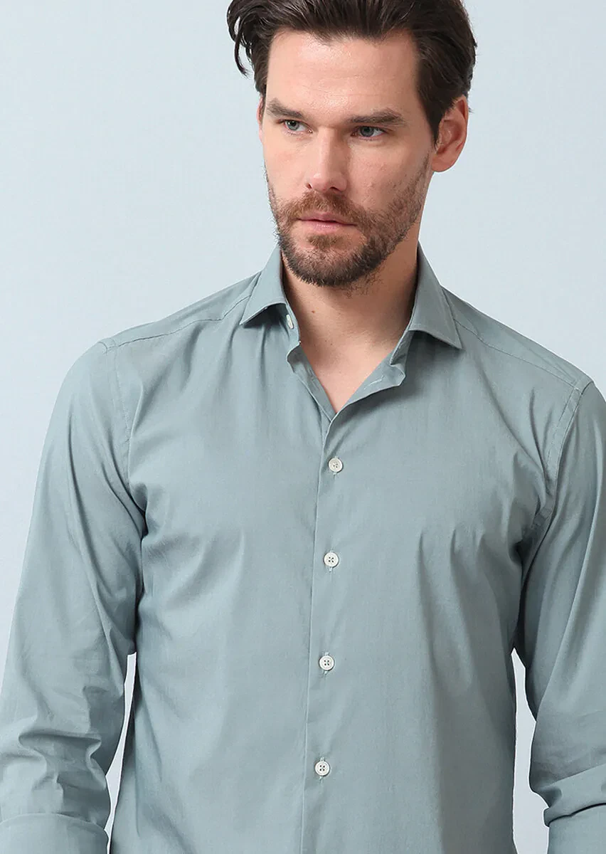 See Green Plain Regular Fit Weaving Casual Cotton Blended Shirt - 2