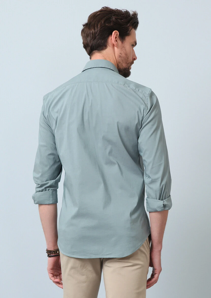 See Green Plain Regular Fit Weaving Casual Cotton Blended Shirt - 6