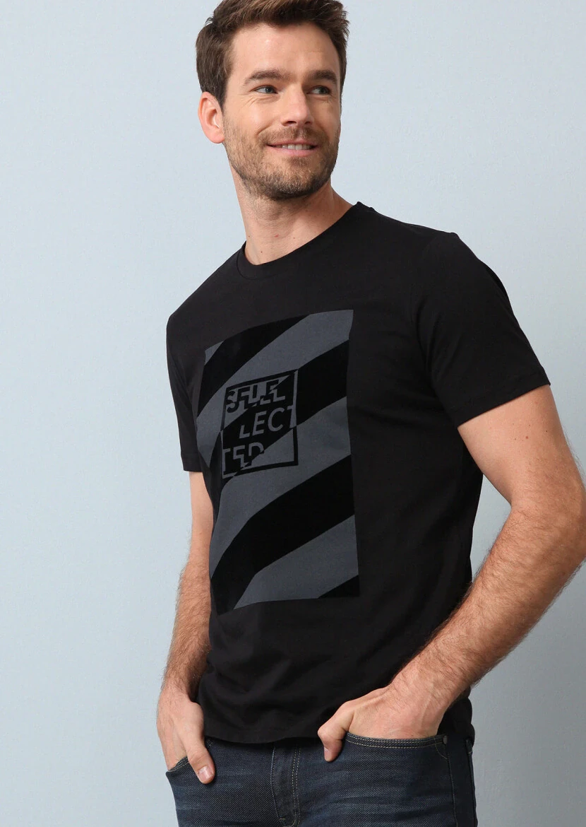 Siyah Baskılı %100 Pamuk T-Shirt - 1