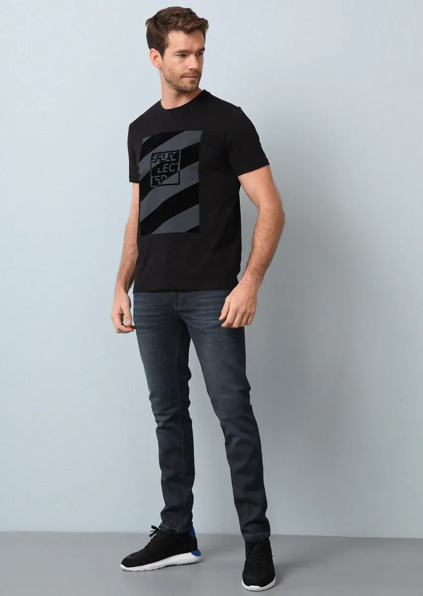 Siyah Baskılı %100 Pamuk T-Shirt - 2