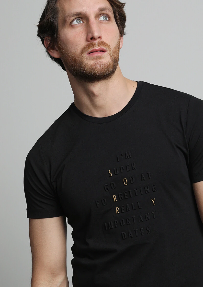 Siyah Baskılı %100 Pamuk T-Shirt - 1