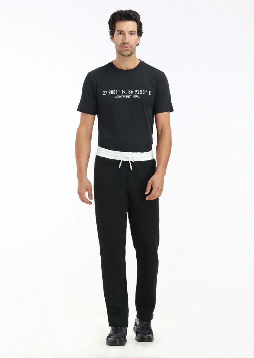 Siyah Baskılı Bisiklet Yaka %100 Pamuk T-Shirt - 1