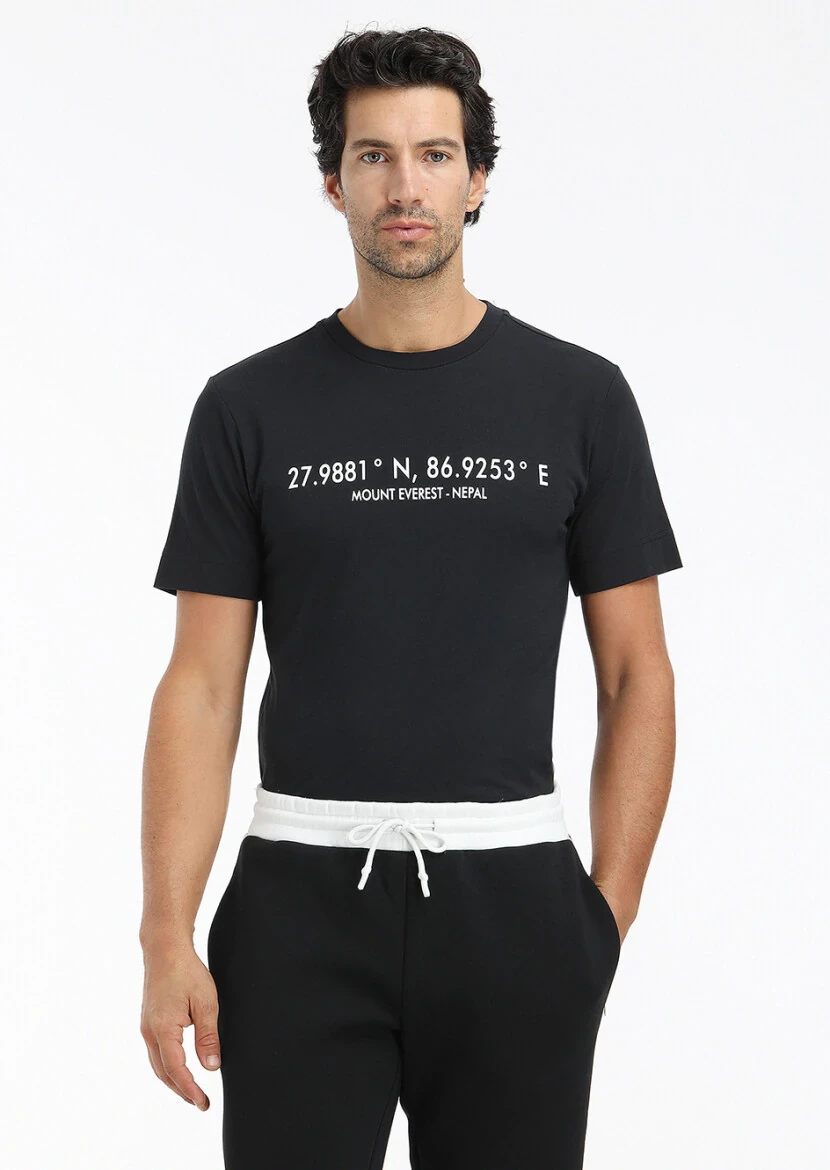 Siyah Baskılı Bisiklet Yaka %100 Pamuk T-Shirt 