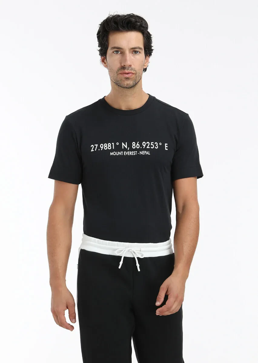 Siyah Baskılı Bisiklet Yaka %100 Pamuk T-Shirt - 3