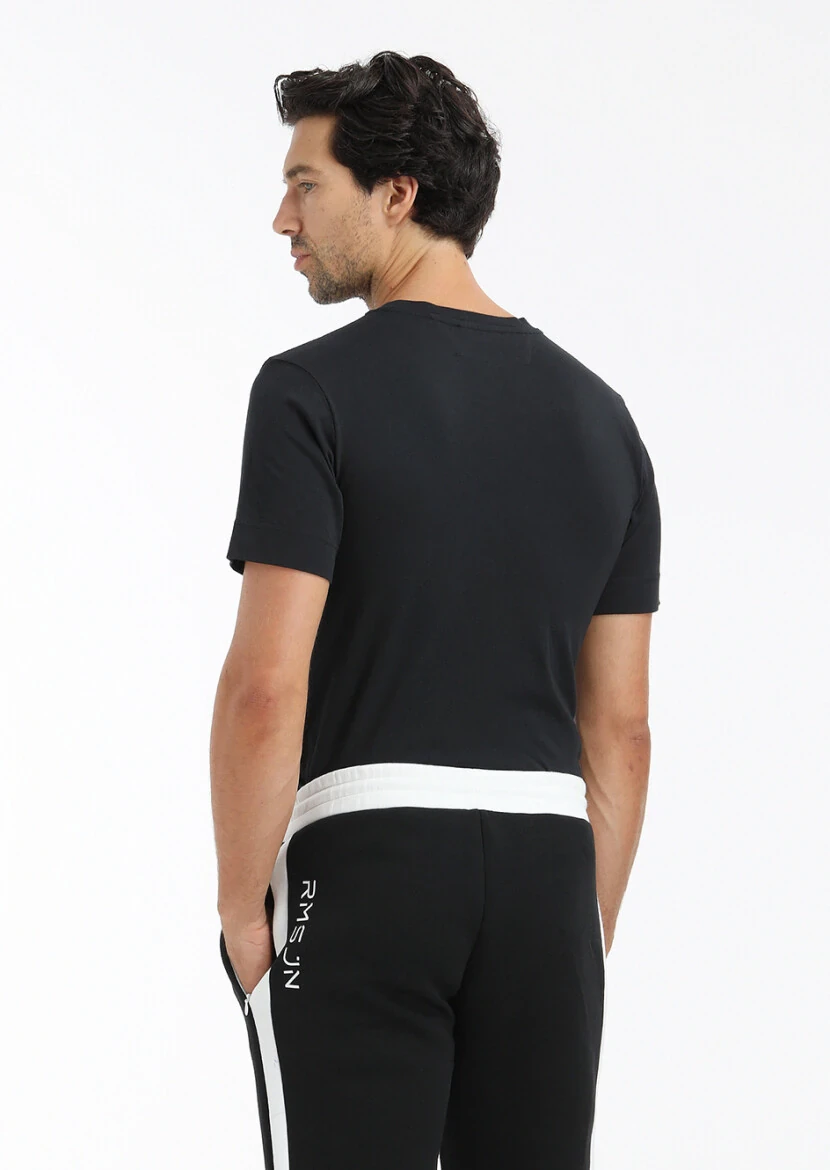 Siyah Baskılı Bisiklet Yaka %100 Pamuk T-Shirt - 5