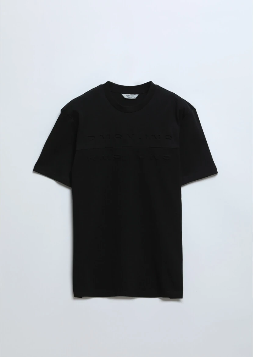 Siyah Baskılı Bisiklet Yaka %100 Pamuk T-Shirt - 6