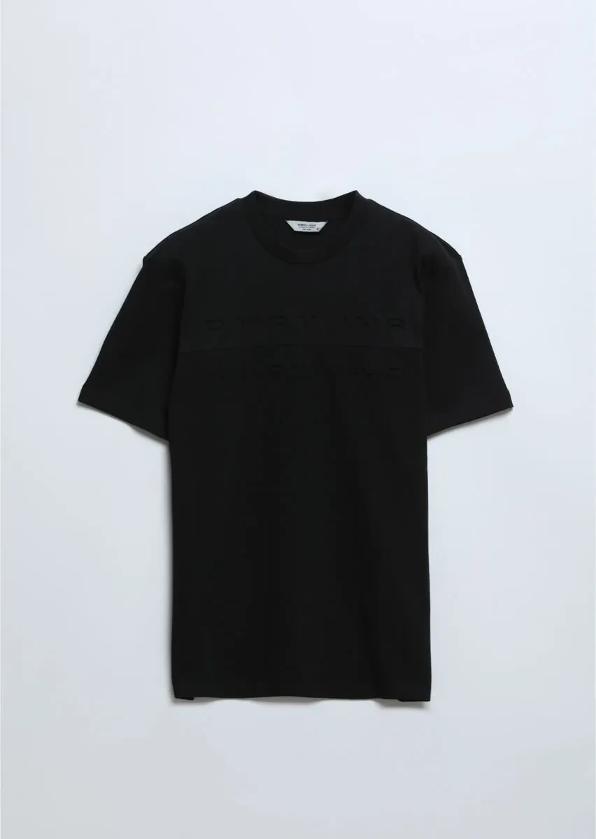 Siyah Baskılı Bisiklet Yaka %100 Pamuk T-Shirt - 6